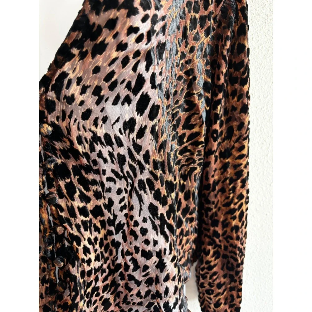 Free People Blouse XS Beige Leopard Print Velvet Burnout Button Front NWT